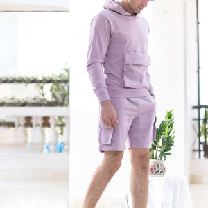 Ensemble sweat-shirt à capuche pour homme, couleur unie, tricoté, manches longues, short, deux pièces, tenue décontractée, style été - Product Image 2