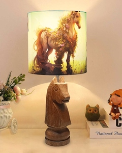 Wooden knight chess <b>table</b> lamp forest horse print shade <b>rustic</b> hand-carved <b>bedside</b> light for game room or kids decor - Product Image 3