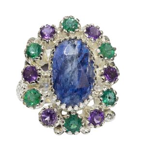Anillo Gemvanity SR1468 Chapado en Oro, Estilo Budista Tibetano de Lujo Clásico, con Corte Brillante de Cianita, Esmeralda y Amatista - Product Image 4