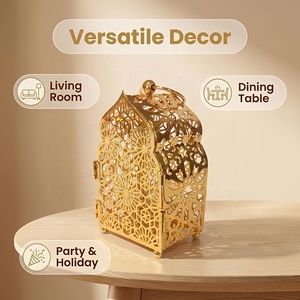 Ornate <b>Gold</b> Metal Moroccan <b>Lantern</b> with Geometric Cutwork Decorative Candle Holder for Ramadan Home Table Decor - Product Image 6