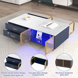 Tavolino da Caffè Moderno Multicolore con Illuminazione, 2 Ante in Vetro, 4 Cassetti e Gambe in Metallo Dorato, 120 cm - Product Image 6
