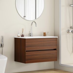 Mobile Bagno Sospeso da 32 Pollici con Doppio Cassetto a Chiusura Ammortizzata, Design Senza Maniglie in Legno Massello e Lavabo in Ceramica, Facile Installazione - Product Image 1
