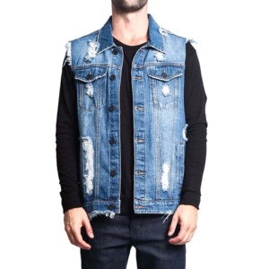 Gilet en jean pour homme à col rabattu, couleur unie, décontracté, en coton tissé, simple boutonnage, détails effilochés, idéal pour le printemps - Product Image 1