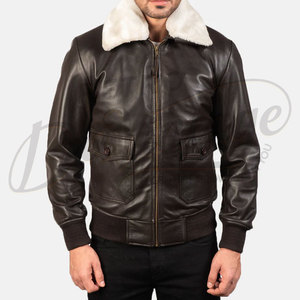Blouson aviateur en cuir marron foncé pour homme de qualité supérieure avec col en fausse fourrure blanche, veste de pilote classique, vêtement d'extérieur chaud pour l'hiver - Product Image 3