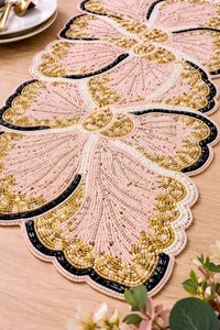 Embroidered Floral Table <b>Runner</b> Pink Gold Navy Luxury Home Decor <b>Washable</b> - Product Image 2