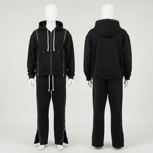 Chándal de invierno personalizado de alta calidad, estilo urbano, liso, transpirable, con triple cremallera, sin estampado, estilo hip hop con remaches, con capucha y pantalón acampanado, 100% - Product Image 4