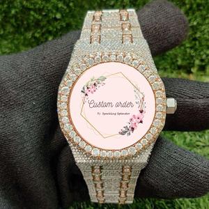 Montre de luxe pour homme, ronde, 41 mm, en acier inoxydable, sertie de moissanite et de diamants, style hip-hop, avec verre saphir - Product Image 1