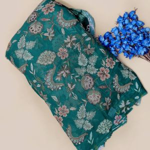 Deep <b>Emerald</b> Green Georgette Fabric High-Definition Threadwork Floral Vine Pattern Luxury Medium Weight Printed Silk for Wedding - Product Image 3