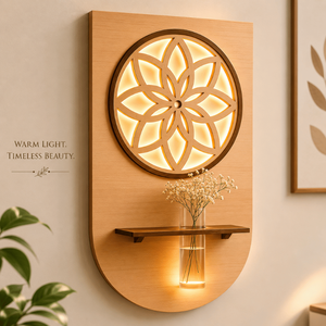 Modern <b>LED</b> Wall Shelf with Floral Laser Cut Design | Decorative Wooden Wall Lamp Shelf for Living Room Bedroom and Home Decor - Product Image 2