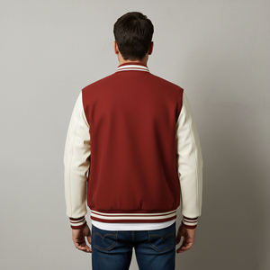Wholesale Men's <b>Red</b> And Cream Varsity <b>Jacket</b> With Embroidered Brand Logo Front Button Closure Casual Autumn Wear Regular Fit - Product Image 3