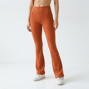 OEM/ODM Ribbed <b>Flare</b> Yoga Pants Oiled Rib Knit Casual Active Wear Women Bootcut Fitness <b>Leggings</b> - Product Image 5