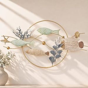 Arte Metálico de Pared con Diseño de Peces, Marco Circular Dorado, Decoración Hecha a Mano para Interiores del Hogar - Product Image 1