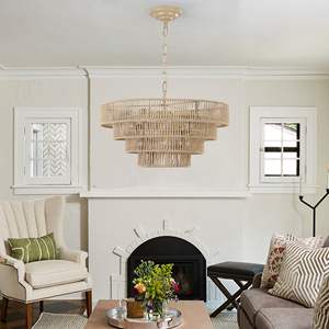 Modern 4-Layer Woven Wood-Iron Chandelier 20" Boho Style Pendant <b>Light</b> <b>Fixture</b> Model D0100XFP36V for Living & <b>Dining</b> <b>Rooms</b> - Product Image 6