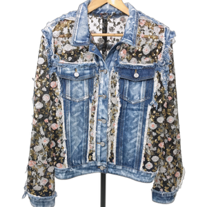 Women's Breathable Vintage Washed Denim Trucker <b>Jacket</b> with Floral <b>Sequins</b> Distressed Patchwork Turn-Down Collar - Product Image 1