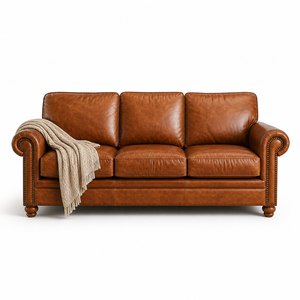 Classic Mid Century Modern 3 Seater Genuine Leather <b>Sofa</b> Rolled Arm Design with Nailhead Trim Wrinkle-Free Look for Living Rooms - Product Image 2