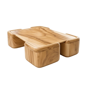 Organic Modern Solid Suar Wood <b>Coffee</b> <b>Table</b> Chunky Blocks <b>Legs</b> Curved Edge Elegant Natural Grain Handmade Furniture - Product Image 4