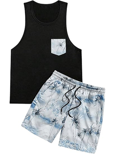 Custom Men's Summer Two-Piece <b>Set</b> with Distressed Embroidery and Shorts High-Quality Cotton Shirt and Tank Top Beach Shorts <b>Set</b> - Product Image 3