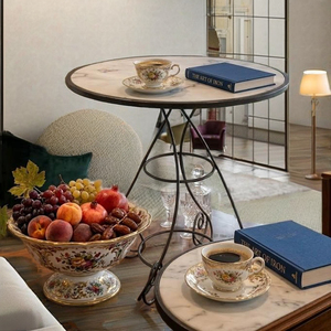 Modern <b>Round</b> <b>White</b> Marble Top Bistro <b>Table</b> with Ornate Black Wrought Iron Scroll Base for Garden, Patio & Café Furniture - Product Image 3