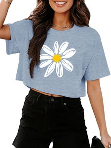 Women Fashion Crop <b>Top</b> Crew Neck Graphic Tee Short Sleeve Shirt Wholesale Supplier - Product Image 3