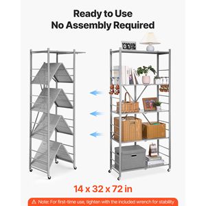 Scaffale Pieghevole in Metallo a 5 Ripiani 81L X 36P X 183H Pollici, Organizzatore Senza Montaggio con 5 Ruote - Product Image 6