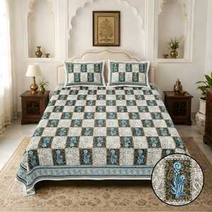 Parure de lit personnalisable 3 pièces en coton 100% imprimé à la main Amrita indienne, 200 fils/cm², anti-acariens, toutes saisons, motif floral de qualité supérieure - Product Image 1