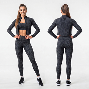Leopard Print <b>Women</b> Yoga 3 Piece Set 100% Polyester Crop Training Jacket Printed Sports Bra High Waist <b>Leggings</b> 3 Piece Workout - Product Image 2