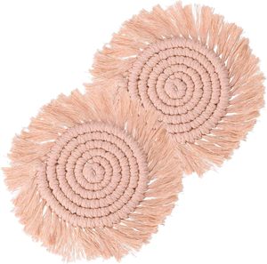 Sous-verres en macramé faits à la main, en corde de coton tressée avec pompon, style bohème, pour tasses et mugs, en provenance d'Inde. - Product Image 2