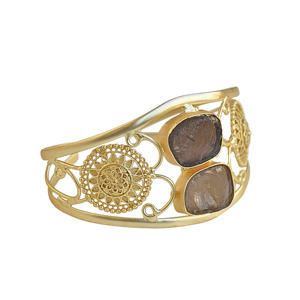 Brazalete Ajustable de Cuarzo Ahumado Vintage con Engaste de Bisel Hecho a Mano, Chapado en Oro de 18K, con Perla de Agua Dulce y Constelación - Product Image 4