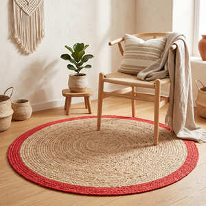 Navy Blue <b>Round</b> Braided Jute Rug, Handwoven Circular Floor Rug for Coastal Living Rooms - Product Image 2