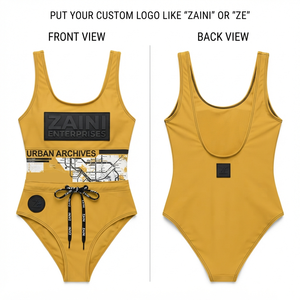 Maillot de bain une pièce pour femme en nylon et élasthanne 220 GSM, jaune moutarde, avec logo en caoutchouc personnalisé, panneau graphique par sublimation, maille extensible premium - Product Image 1