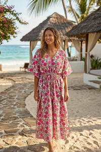 Pink Floral Cotton <b>Kaftan</b> Robe V Neck Loose Fit Beach Cover Up <b>Summer</b> Women Loungewear - Product Image 1