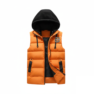 Hooded Puffer <b>Vests</b> <b>Black</b> Hood Front Zipper Custom Logo Print Insulated Sleeveless Jackets for Winter Outdoor Wear - Product Image 4