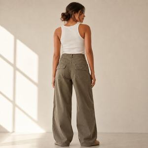 Pantalon cargo taille haute pour femme en toile coupe ample longueur intégrale couleur unie avec poches style décontracté pour le printemps - Product Image 2