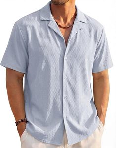Aero Textured Mens Button <b>Down</b> Shirt Short Sleeve Cuban Shirts Lightweight Breathable Summer Beach Casual Shirt - Product Image 1