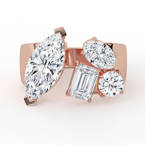 Anillo de declaración asimétrico Avant Garde de oro amarillo de 14K y 18K con banda de diamantes de múltiples formas, tallo abierto y corte marquesa esmeralda - Product Image 1