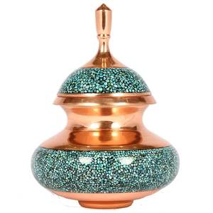 Sucrier en cuivre de style vintage à motif d'inspiration arabe, pot à bonbons en mosaïque turquoise avec couvercle et cuillère, collection de vaisselle haut de gamme - Product Image 2