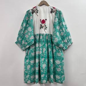 Vestido Midi Informal de Algodón Tejido para Mujer, Color Liso, Manga Corta, Cintura Imperio, Estilo Babydoll, Cuello en V, Holgado, para Todas las Temporadas - Product Image 2