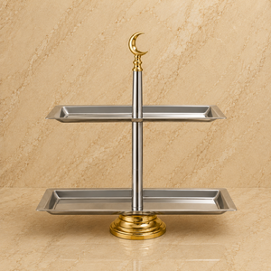 Moderno Soporte de Servicio de Dos Niveles de Madera y Acero Inoxidable con Bandejas Rectangulares, Organizador Premium para Exhibir Postres y Bocadillos - Product Image 4