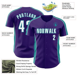 Camiseta de béisbol personalizada con nombre del equipo 00, color morado y verde azulado, estampado sublimado, unisex, para adultos, manga corta, con botones al frente, ropa deportiva - Product Image 2