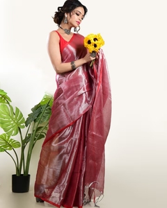 KV Women's <b>Red</b> Tissue Woven Handloom Saree Without <b>Blouse</b> - Product Image 2