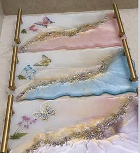 ถาดเรซิ่นเคลือบทองทำมือทรงสี่เหลี่ยมผืนผ้า ลายหินอ่อนสีเบจเทา น้ำหนักเบา ทนความร้อน ตกแต่งสไตล์อาร์ตเดโค เหมาะสำหรับเดือนรอมฎอน - Product Image 2