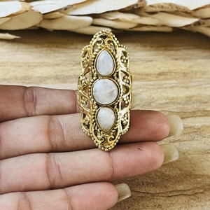 Hot Selling Trendy Vintage Filigree Moonstone Bezel Setting Three Stone <b>Ring</b> Boho Brass Women 18K Gold Plated <b>Chunky</b> Statement - Product Image 2