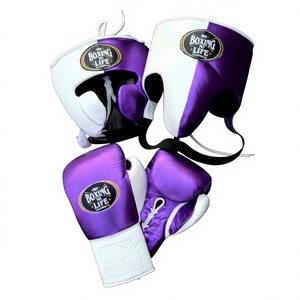 Guantes de Boxeo Personalizados de Cuero Vacuno Premium 'No Boxing No Life', Protector de Mejillas, Protector de Cabeza y Protector Inguinal - Morado y Blanco - Product Image 1