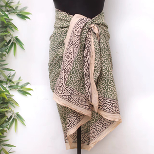 Eco-Conscious Green Bagru Print Cotton Beach <b>Sarong</b> – Boho Chic Hand Printed Pareo – Minimalist Summer Resort Wrap. - Product Image 1