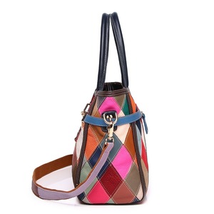 Ando <b>Bag</b> Genuine Cowhide Leather Tote <b>Bag</b> Women Diamond <b>Patchwork</b> Top Handle Handbag with Shoulder Strap - Product Image 2