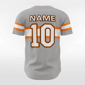 Custom Sublimated Mens Baseball Jersey Gray Orange White Striped Front Logo Button Closure Regular Fit Breathable <b>Mesh</b> <b>Short</b> Sle - Product Image 2