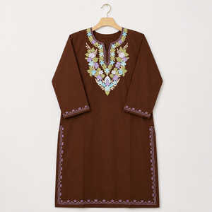 Kurti Pheran kashmiri marron chocolat avec broderie florale pastel, achetez directement auprès du fabricant - Product Image 3