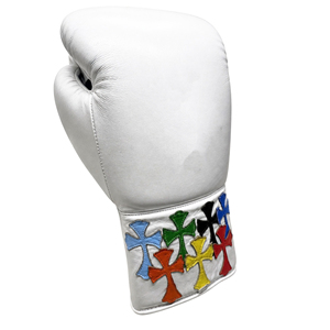 Gants de boxe en cuir blanc personnalisables à lacets pour entraînement de kick-boxing, en cuir véritable, prix de gros - Product Image 4