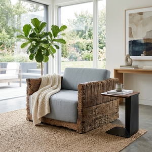 Sofá Individual Dna, Sillón Moderno Rústico de Madera, Sillón Tapizado para Sala de Estar, Mueble con Estructura de Madera Orgánica con Borde Natural - Product Image 5