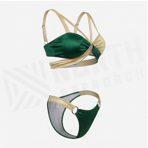 North Approach Ensemble de bikini femme vert et or à blocs de couleur, haut bandeau et bas string, avec bordure contrastante, maillot de bain extensible - Product Image 3